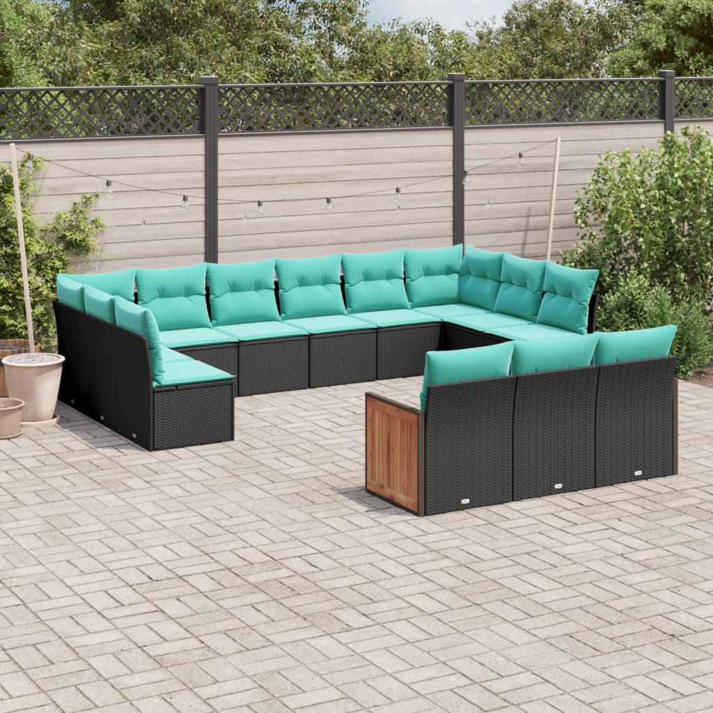 13-teiliges Gartensofa-Set mit Kissen, schwarzes Polyrattan