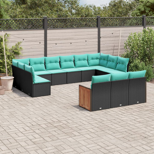 13-teiliges Gartensofa-Set mit Kissen, schwarzes Polyrattan