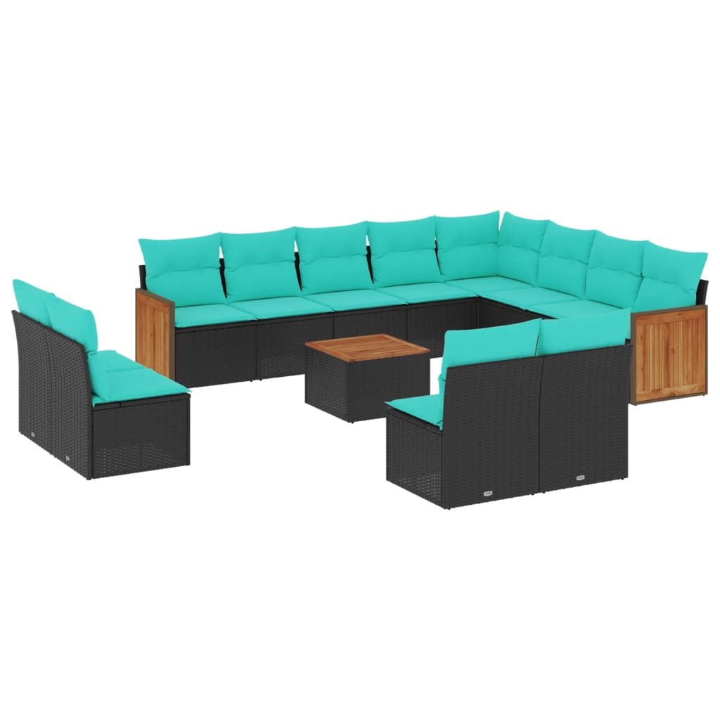 13-teiliges Gartensofa-Set mit Kissen, schwarzes Polyrattan