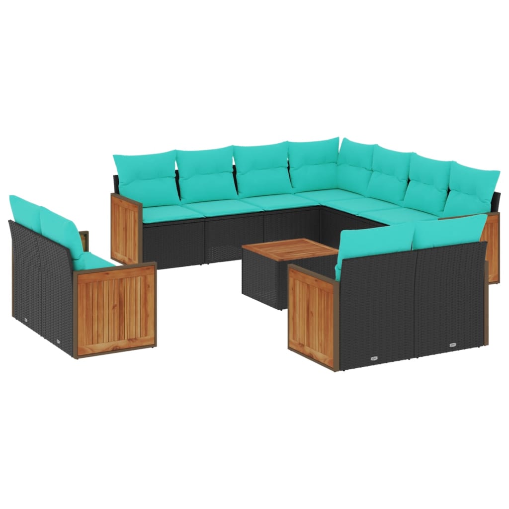 12-teiliges Gartensofa-Set mit Kissen, schwarzes Polyrattan