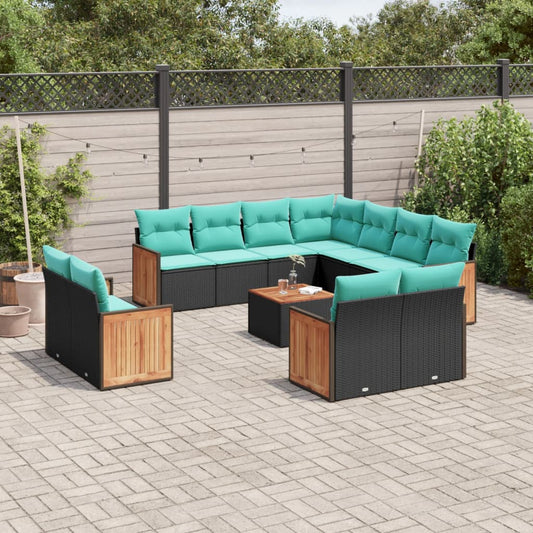 12-teiliges Gartensofa-Set mit Kissen, schwarzes Polyrattan