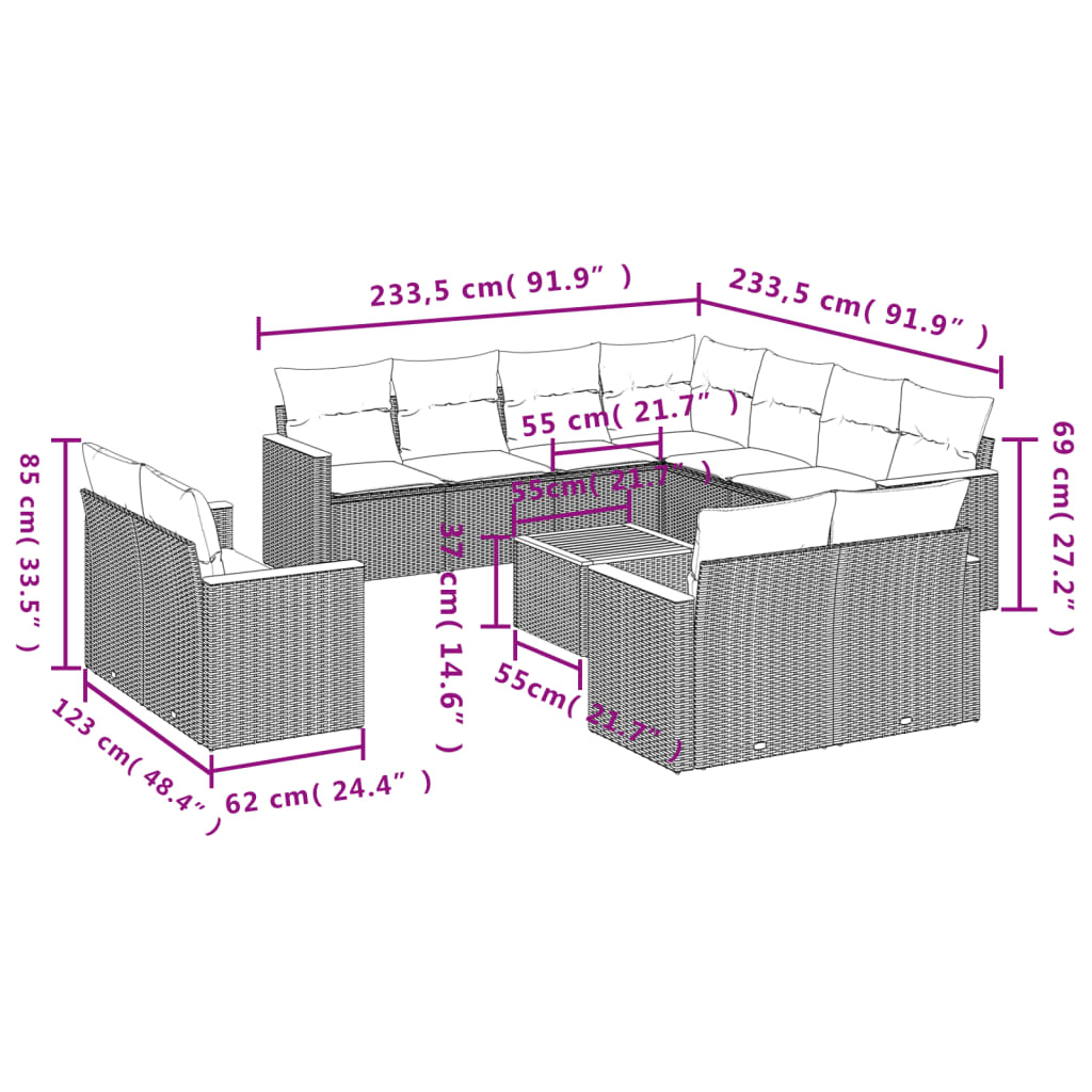 12-teiliges Gartensofa-Set mit Kissen, grau, Polyrattan