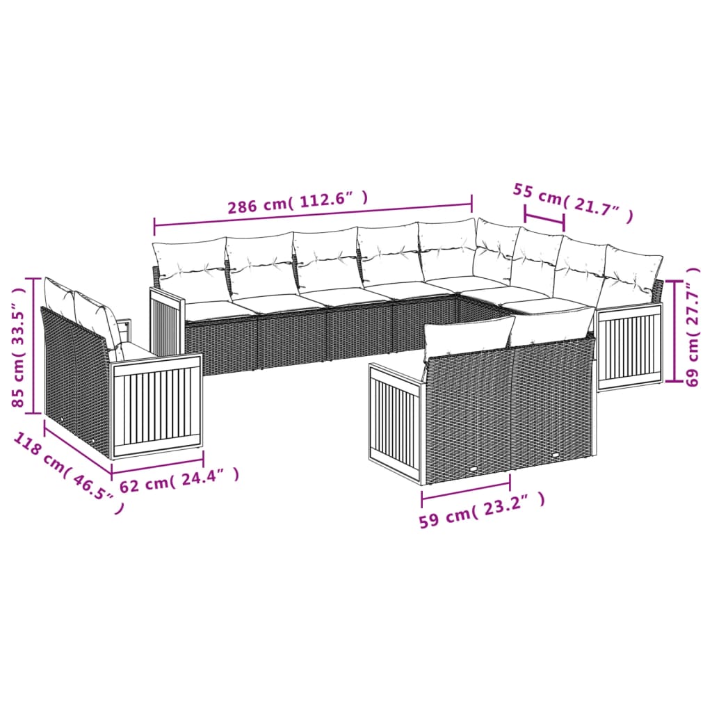 12-teiliges Gartensofa-Set mit Kissen, grau, Polyrattan