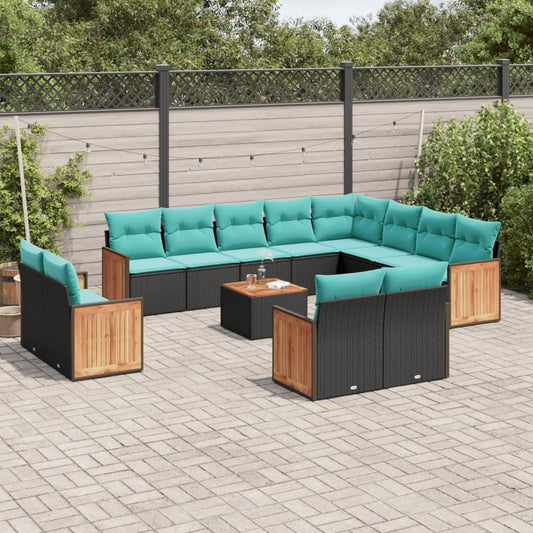 13-teiliges Gartensofa-Set mit Kissen, schwarzes Polyrattan