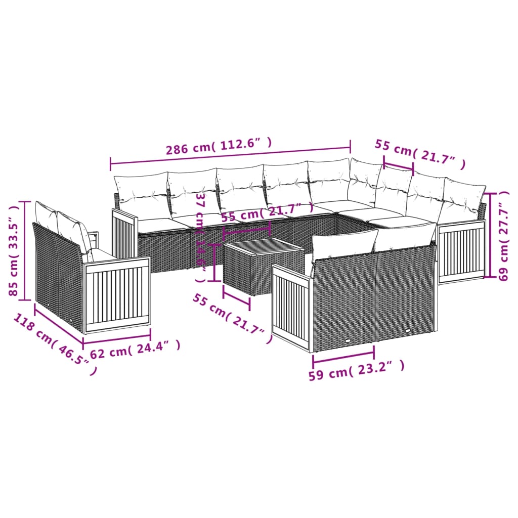13-teiliges Gartensofa-Set mit Kissen, grau, Polyrattan