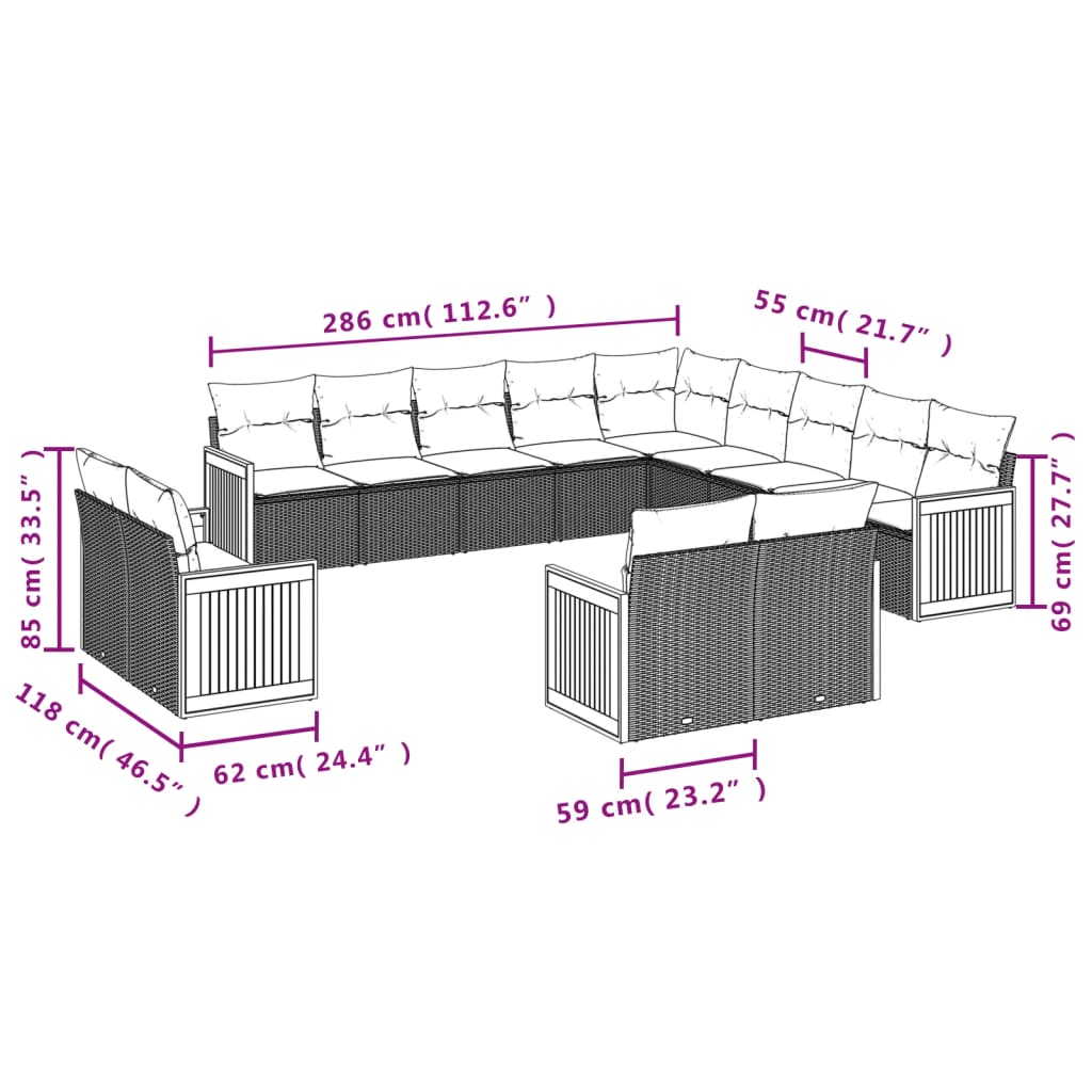 13-teiliges Gartensofa-Set mit Kissen, grau, Polyrattan