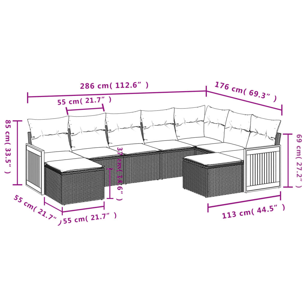 9-teiliges Gartensofa-Set mit Kissen, grau, Polyrattan