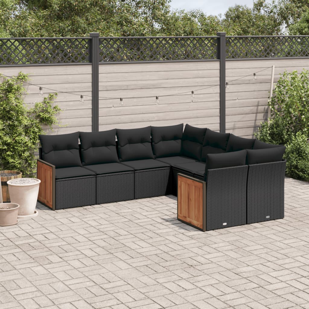8-piece garden sofa set with cushions, black poly rattan