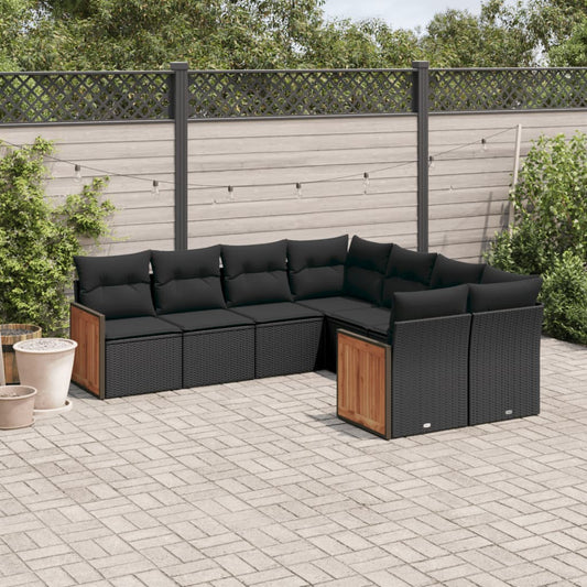 8-piece garden sofa set with cushions, black poly rattan