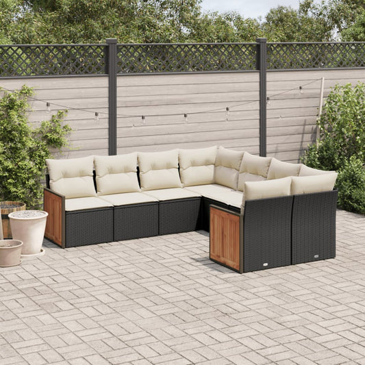 8-piece garden sofa set with cushions, black poly rattan