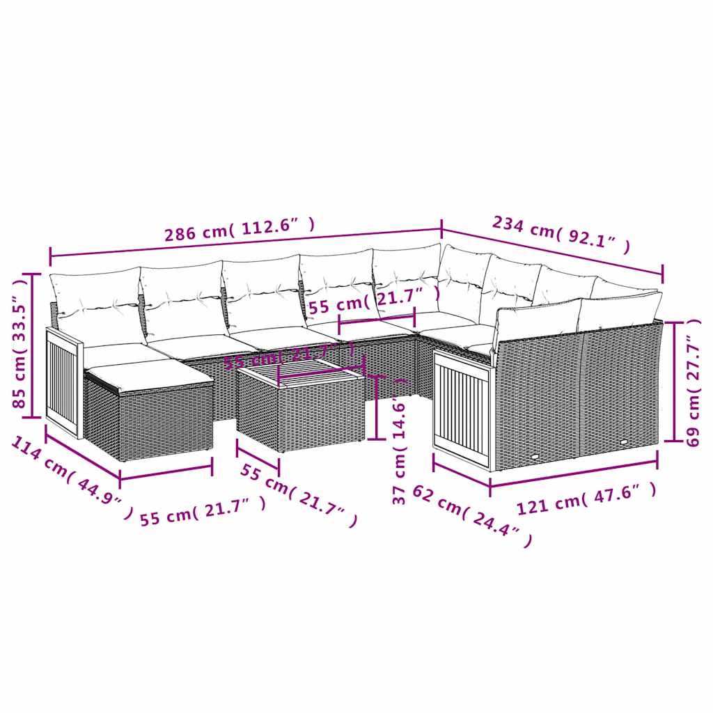 11-teiliges Gartensofa-Set mit Kissen, grau, Polyrattan