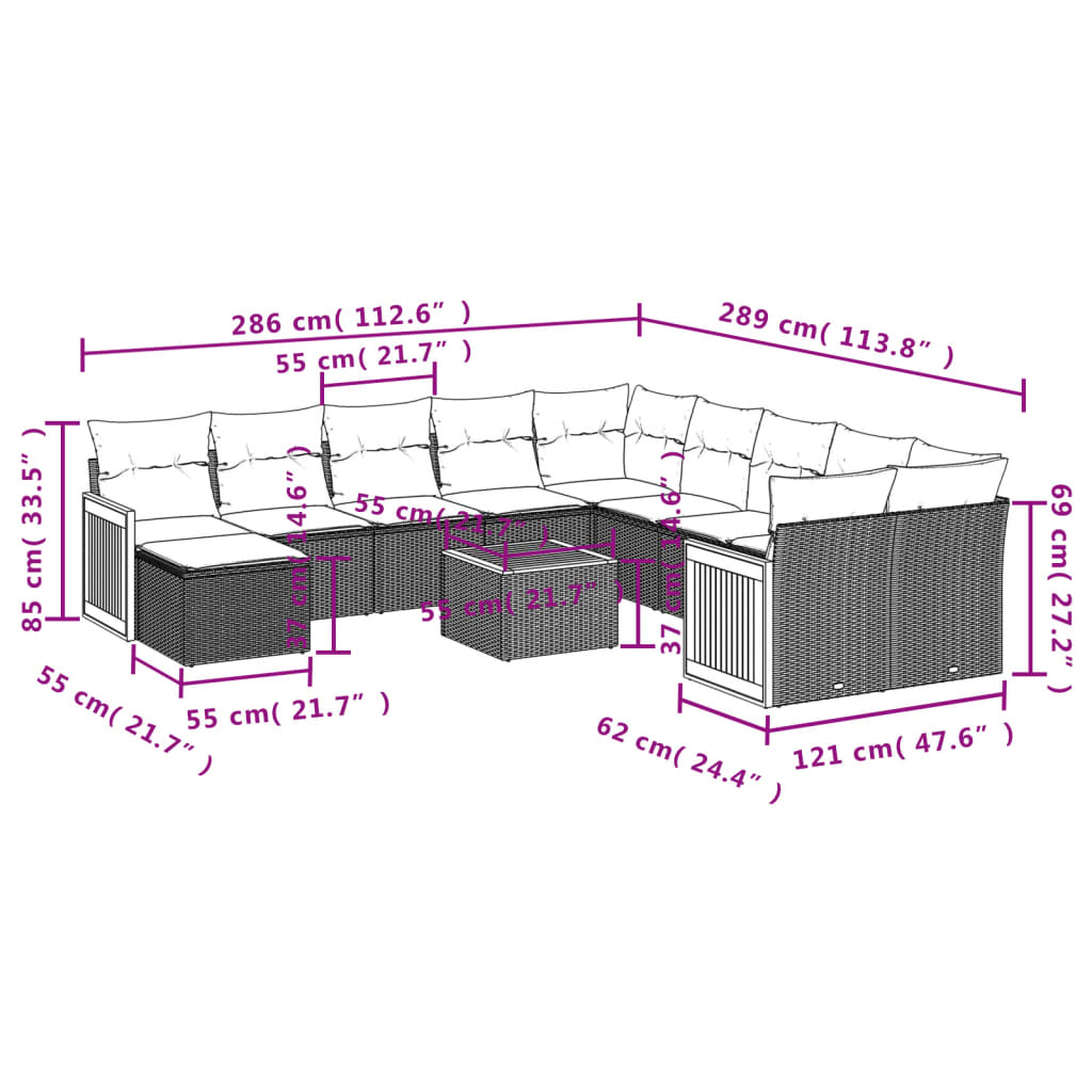 12-teiliges Gartensofa-Set mit Kissen, grau, Polyrattan