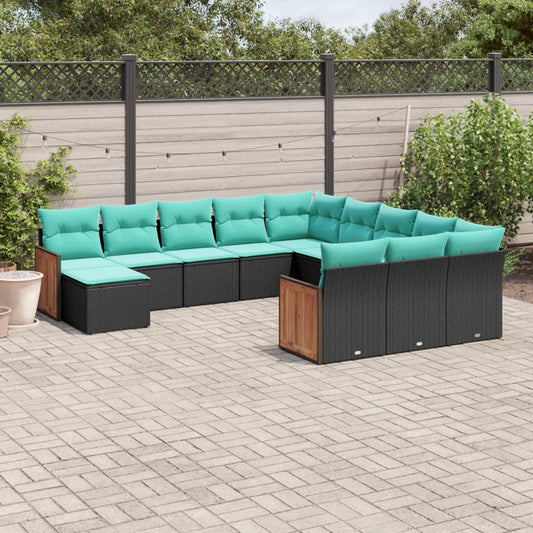 12-teiliges Gartensofa-Set mit Kissen, schwarzes Polyrattan