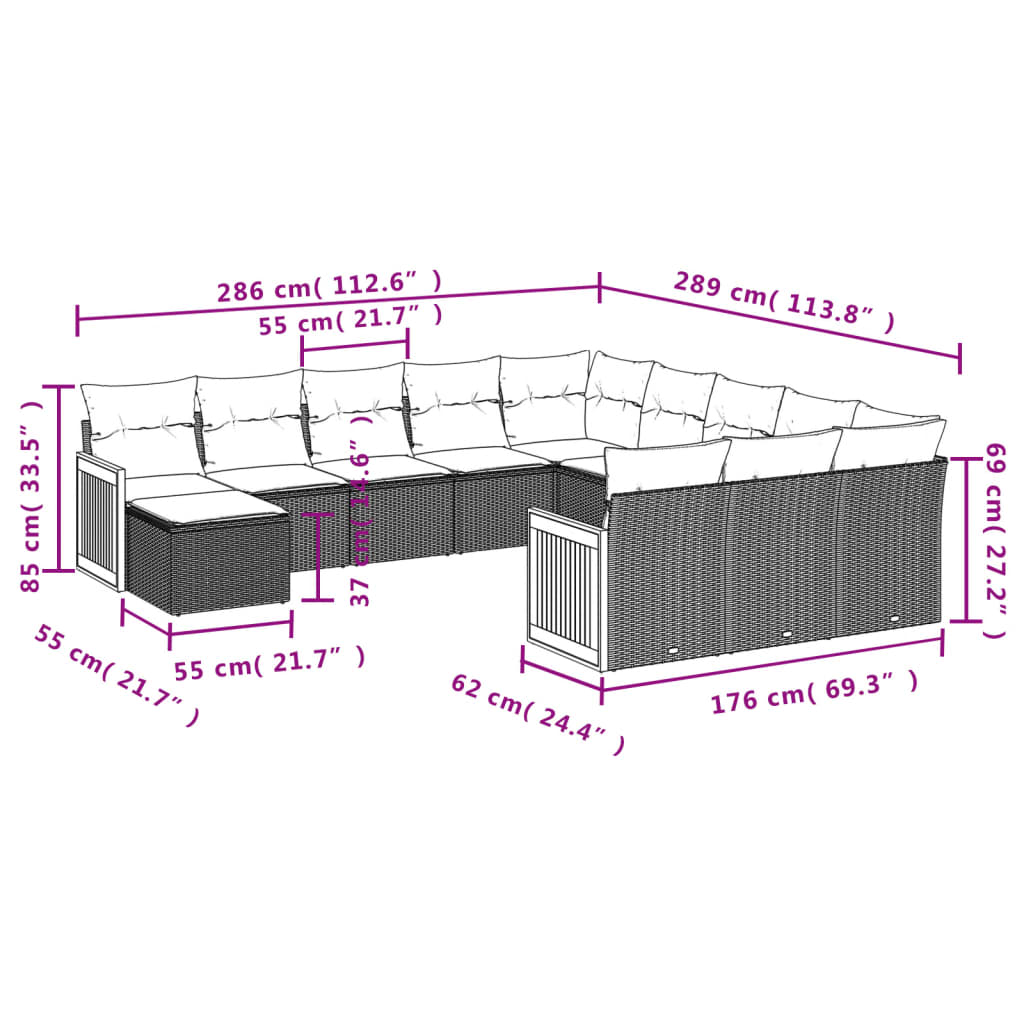 12-teiliges Gartensofa-Set mit Kissen, grau, Polyrattan