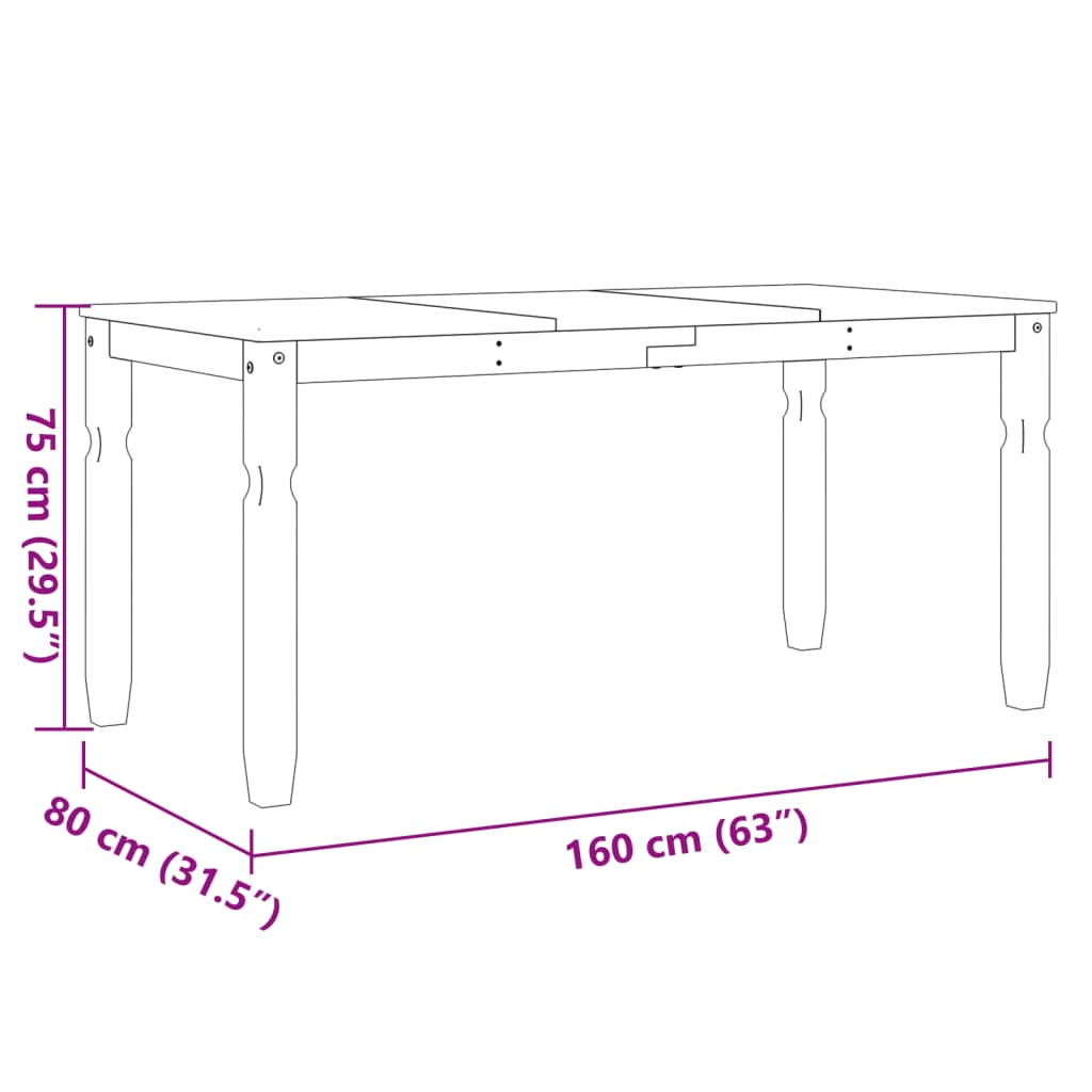 Table à manger Corona 160x80x75 cm en bois de pin massif