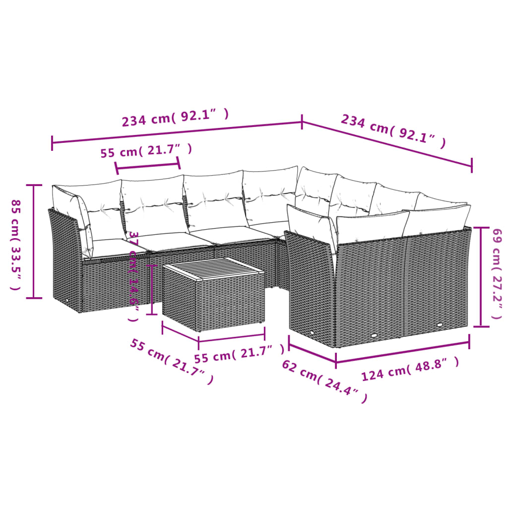 9-tlg. Garten-Sofagarnitur mit Kissen Grau Poly Rattan