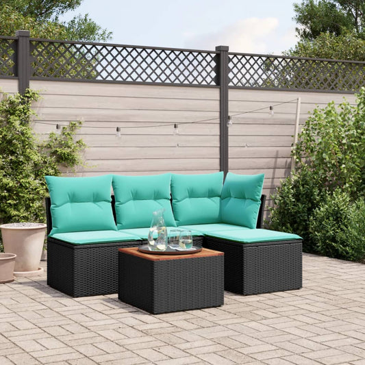 5-tlg. Garten-Sofagarnitur mit Kissen Schwarz Poly Rattan
