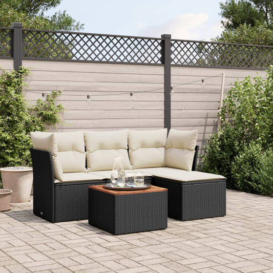 5-piece garden sofa set with cushions, black poly rattan