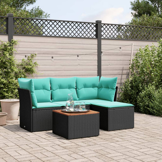 5-tlg. Garten-Sofagarnitur mit Kissen Schwarz Poly Rattan
