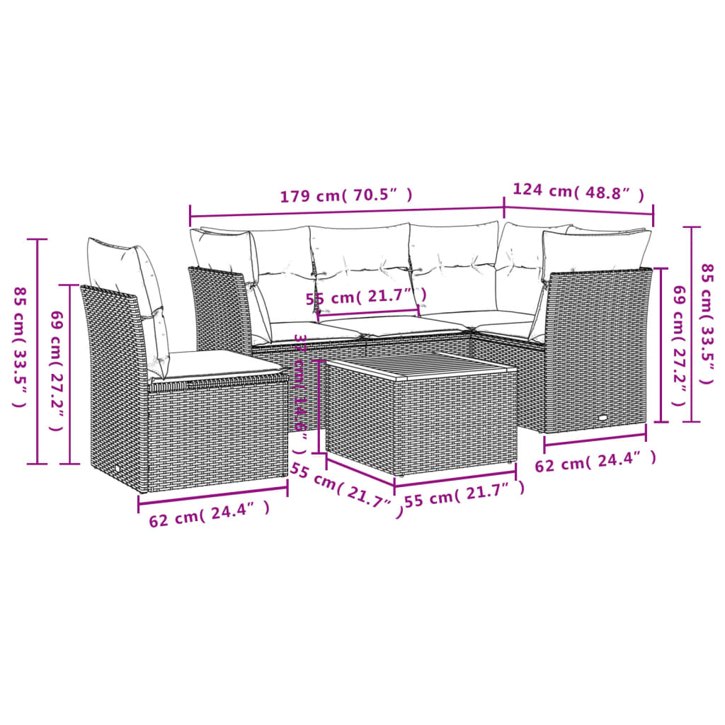 6-tlg. Garten-Sofagarnitur mit Kissen Beige Poly Rattan