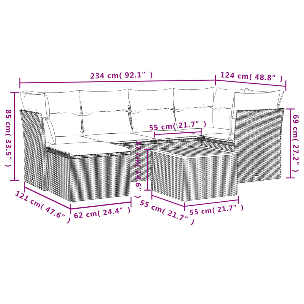 7-tlg. Garten-Sofagarnitur mit Kissen Beige Poly Rattan