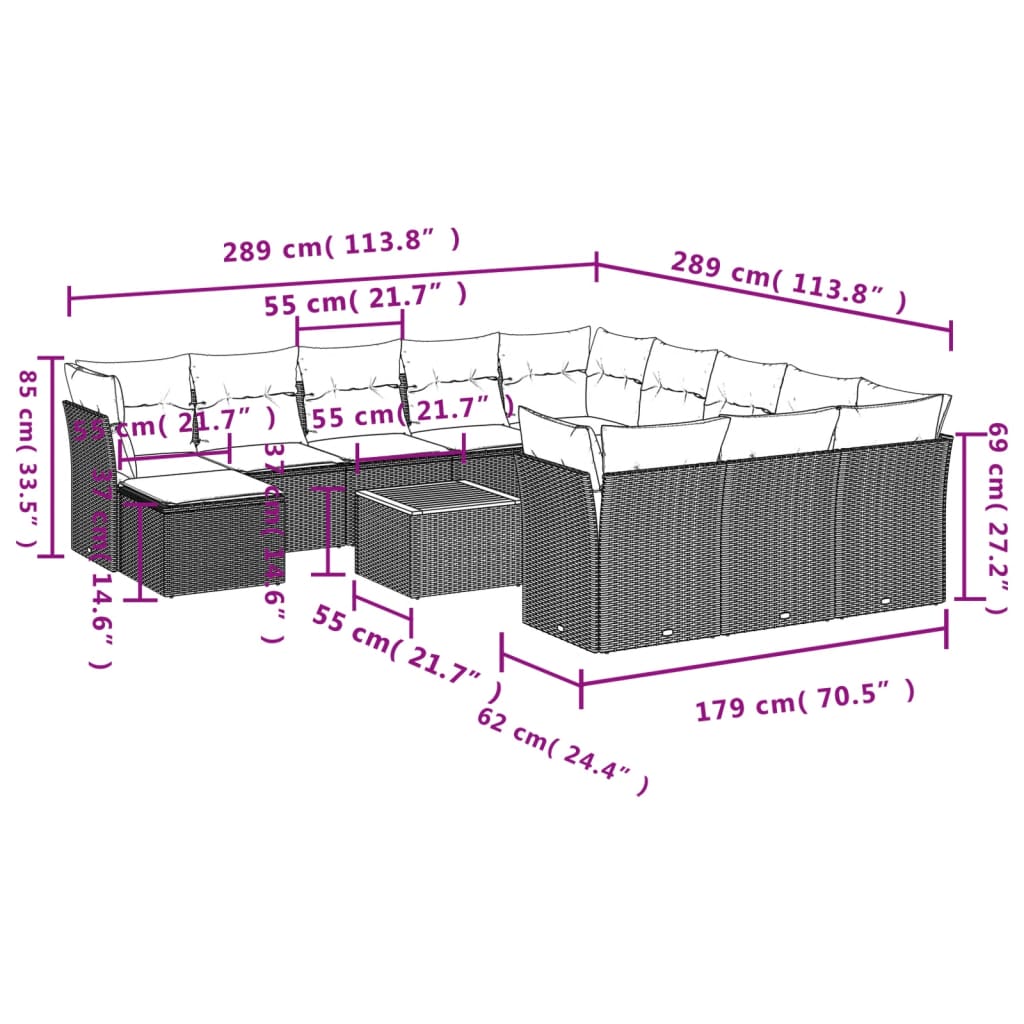 13-tlg. Garten-Sofagarnitur mit Kissen Schwarz Poly Rattan