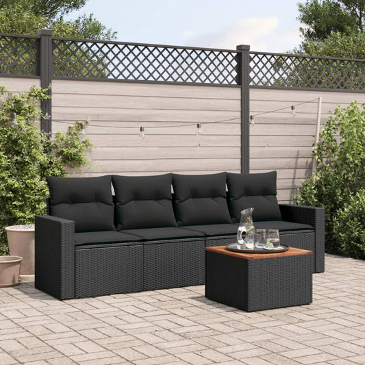 5-piece garden sofa set with cushions, black poly rattan