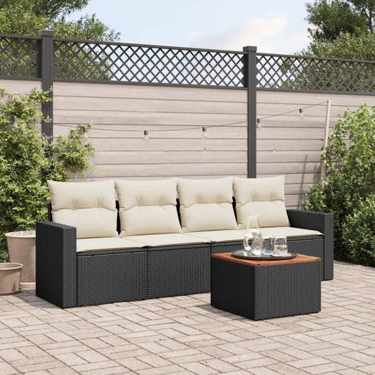 5-piece garden sofa set with cushions, black poly rattan