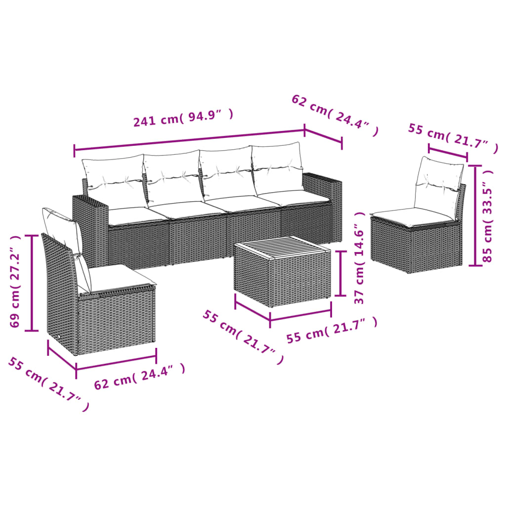 7-tlg. Garten-Sofagarnitur mit Kissen Schwarz Poly Rattan