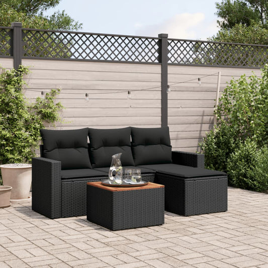 5-piece garden sofa set with cushions, black poly rattan