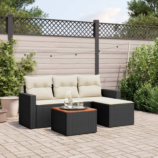 5-piece garden sofa set with cushions, black poly rattan