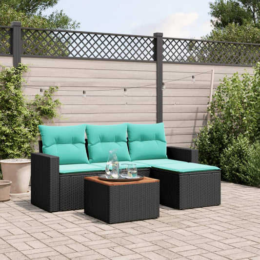 5-tlg. Garten-Sofagarnitur mit Kissen Schwarz Poly Rattan