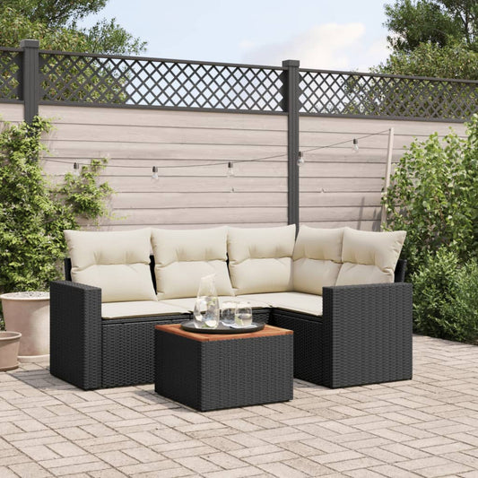 5-piece garden sofa set with cushions, black poly rattan