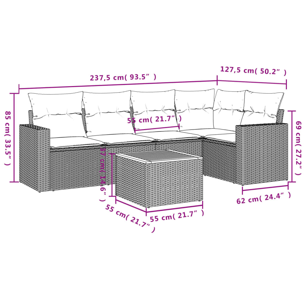 6-tlg. Garten-Sofagarnitur mit Kissen Schwarz Poly Rattan