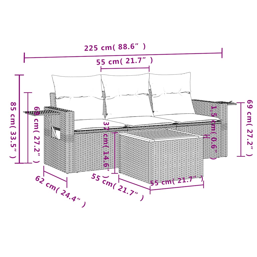 4-teiliges Gartensofa-Set mit Kissen, grau, Polyrattan