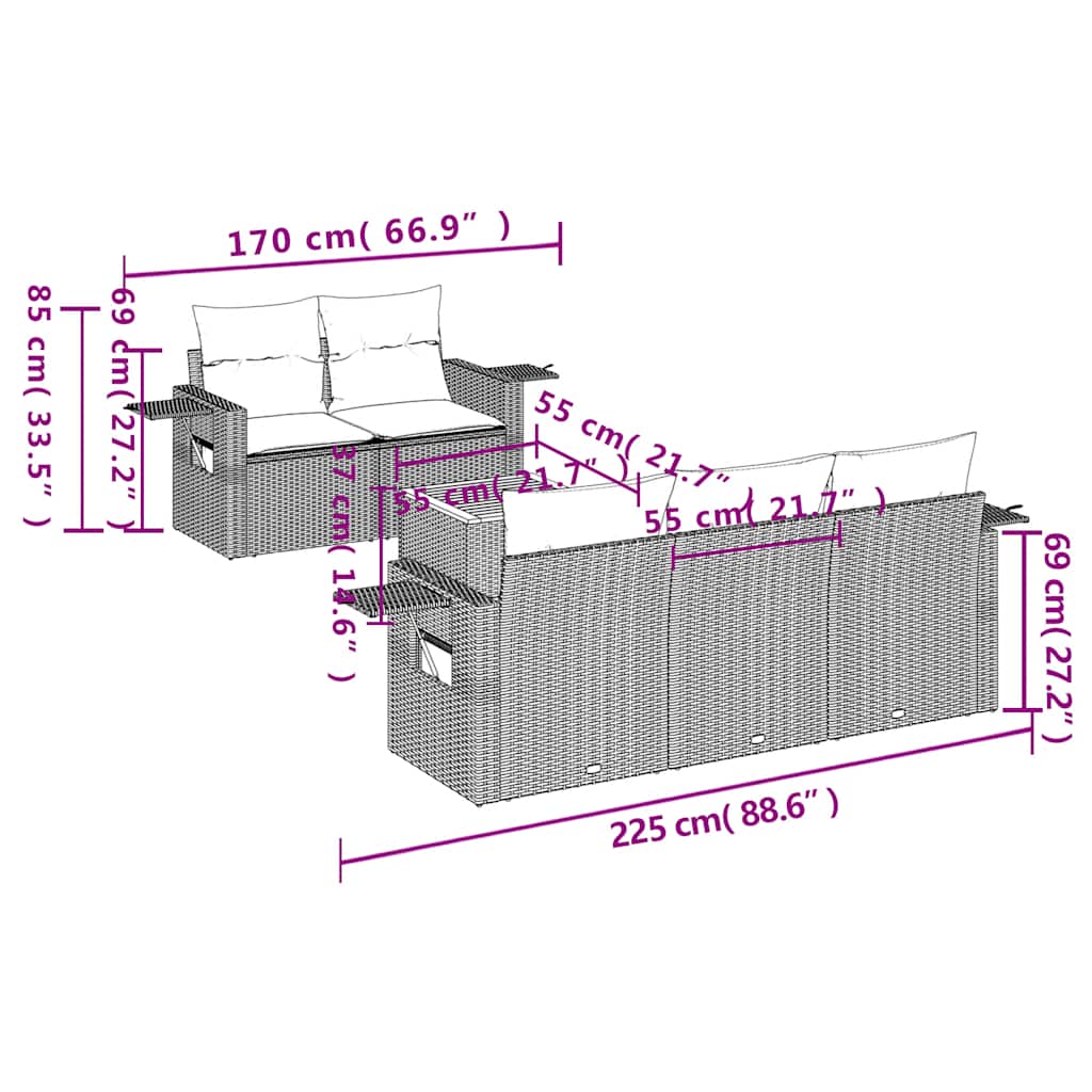 6-teiliges Gartensofa-Set mit Kissen, schwarzes Polyrattan