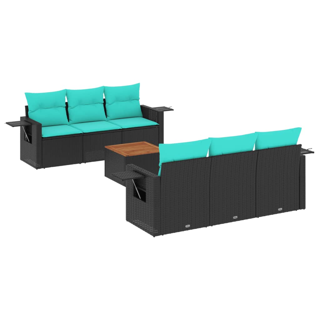 7-teiliges Gartensofa-Set mit Kissen, schwarzes Polyrattan