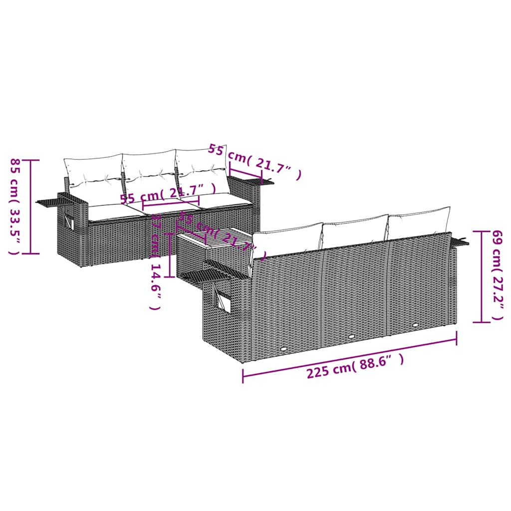 7-teiliges Gartensofa-Set mit Kissen, schwarzes Polyrattan