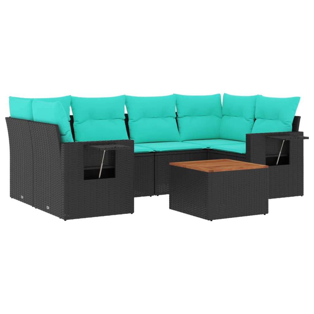 7-teiliges Gartensofa-Set mit Kissen, schwarzes Polyrattan