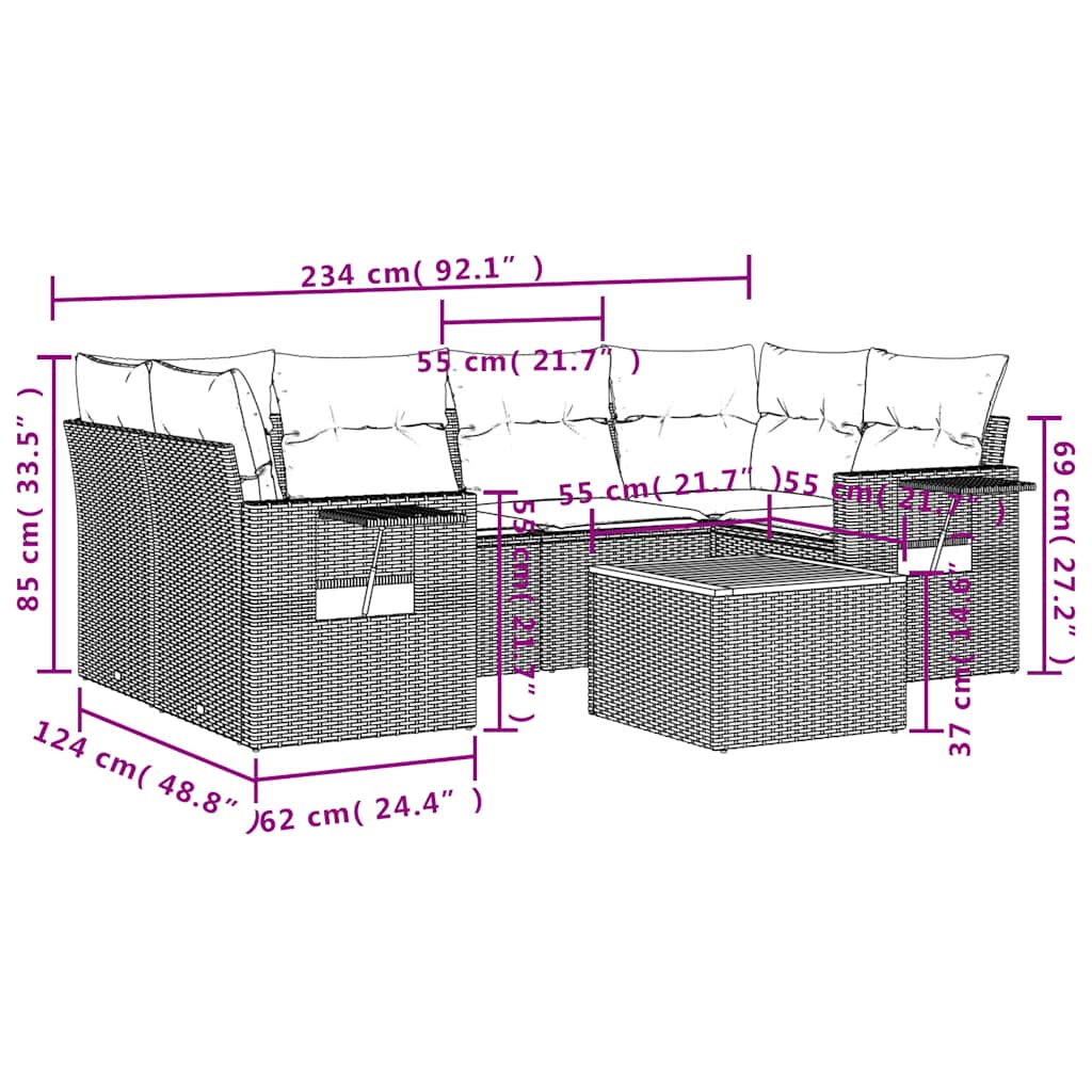 7-teiliges Gartensofa-Set mit Kissen, schwarzes Polyrattan