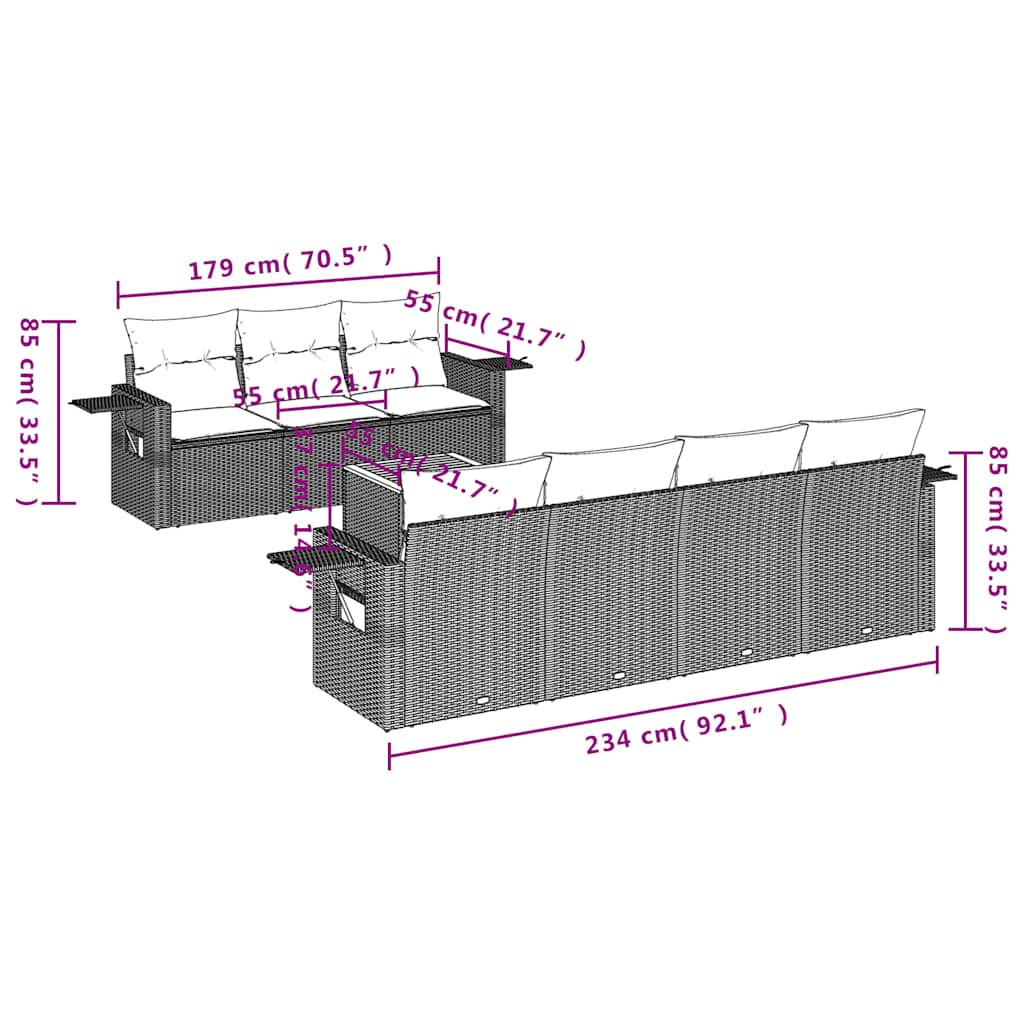 8-teiliges Gartensofa-Set mit Kissen, grau, Polyrattan