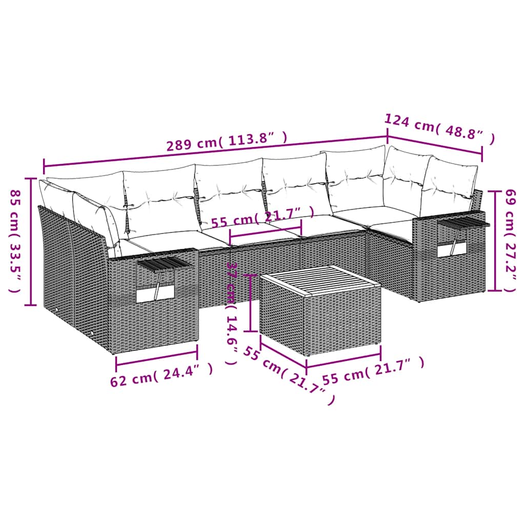 8-teiliges Gartensofa-Set mit Kissen, schwarzes Polyrattan