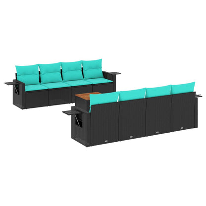 9-teiliges Gartensofa-Set mit Kissen, schwarzes Polyrattan