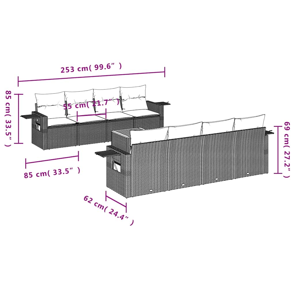 9-teiliges Gartensofa-Set mit Kissen, schwarzes Polyrattan