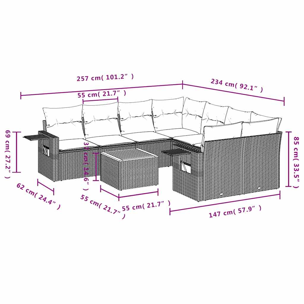 9-teiliges Gartensofa-Set mit Kissen, schwarzes Polyrattan