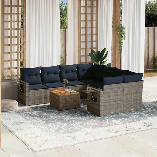 9-teiliges Gartensofa-Set mit Kissen, grau, Polyrattan