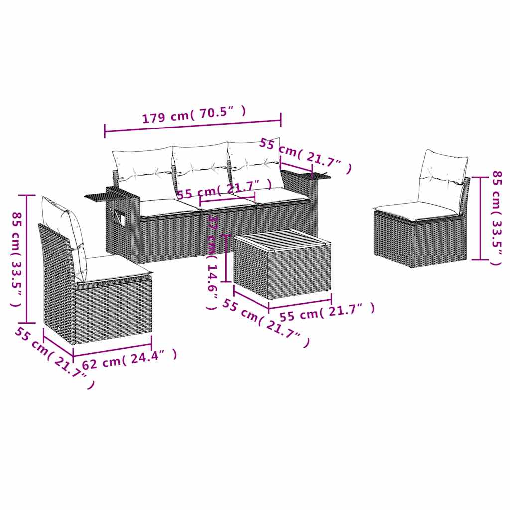 6-teiliges Gartensofa-Set mit Kissen, grau, Polyrattan
