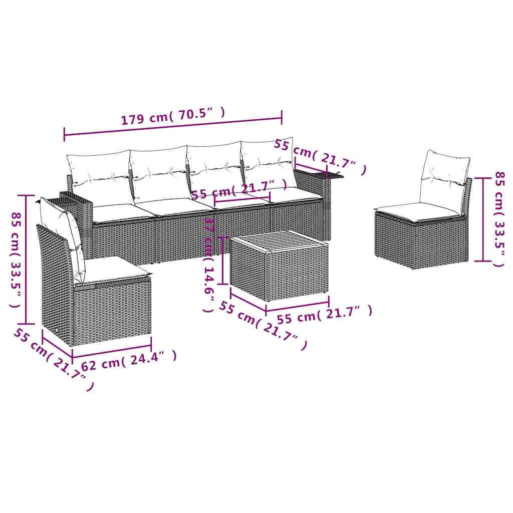 7-teiliges Gartensofa-Set mit Kissen, schwarzes Polyrattan