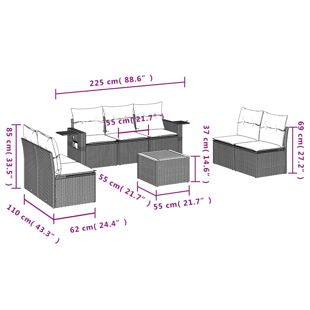 8-teiliges Gartensofa-Set mit Kissen, schwarzes Polyrattan