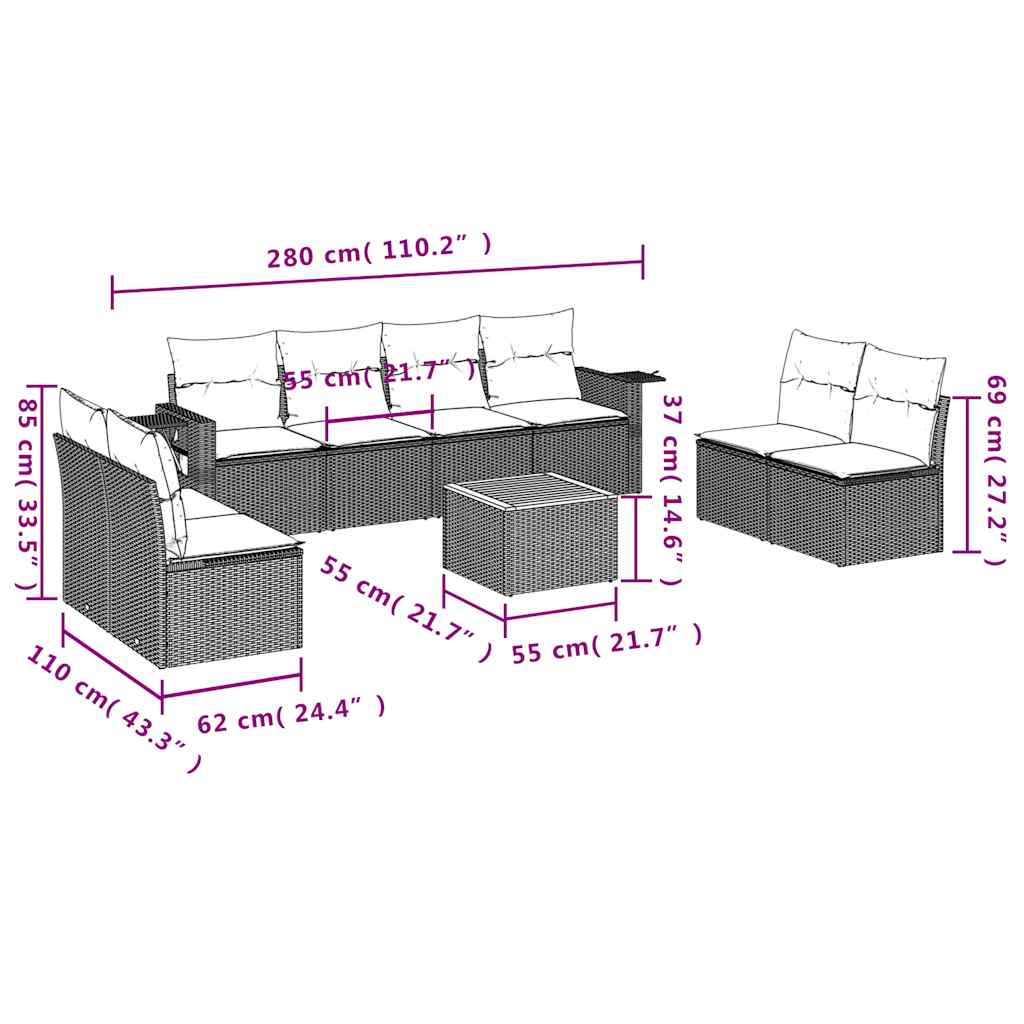9-teiliges Gartensofa-Set mit Kissen, grau, Polyrattan